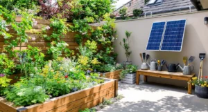 Jardin moderne écologique en DIY avec plantes et matériaux naturels