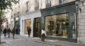 Vitrine de décoration tendance dans une rue parisienne animée