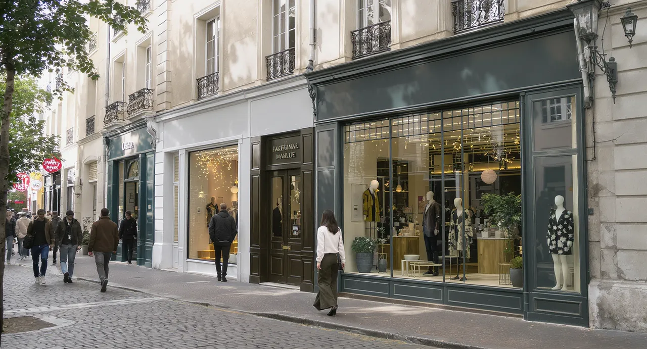 Vitrine de décoration tendance dans une rue parisienne animée