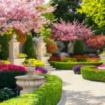 Jardin de printemps 2026 avec fleurs colorées et décoration élégante