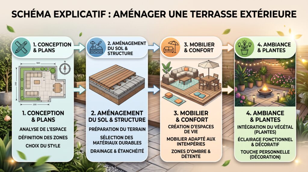 Aménager une terrasse extérieure : idées pratiques et inspirations 2026 6 Schéma explicatif réaliste avec texte sur aménagement terrasse extérieure