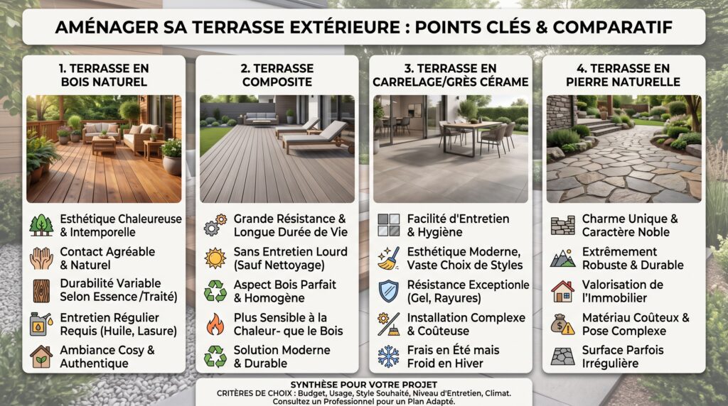 Aménager une terrasse extérieure : idées pratiques et inspirations 2026 7 Schéma comparatif réaliste avec texte sur aménagement terrasse extérieure