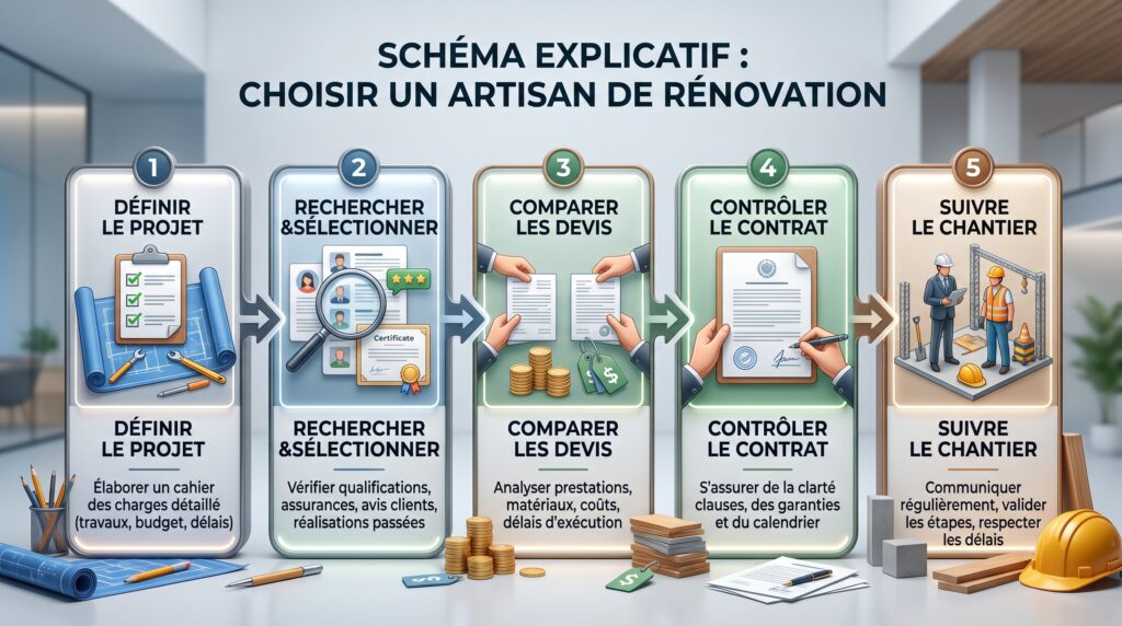 Schéma explicatif réaliste avec texte sur choix artisan rénovation