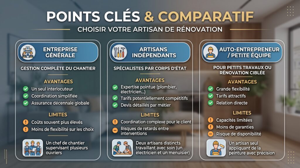 Schéma comparatif réaliste avec texte sur choix artisan rénovation