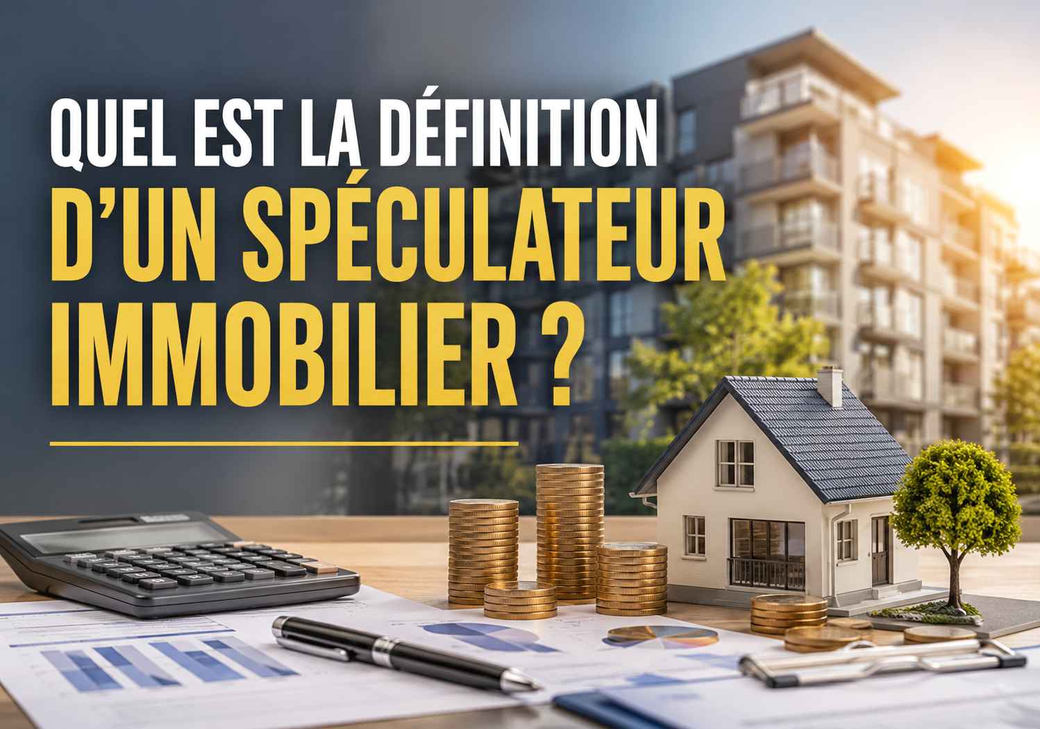 Maison miniature, pièces de monnaie et calculatrice illustrant la définition du spéculateur immobilier et les stratégies d'investissement immobilier.
