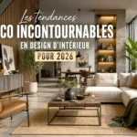 Salon contemporain illustrant les tendances incontournables du design d'intérieur en 2026 avec des matériaux naturels, un mobilier moderne et une décoration élégante.
