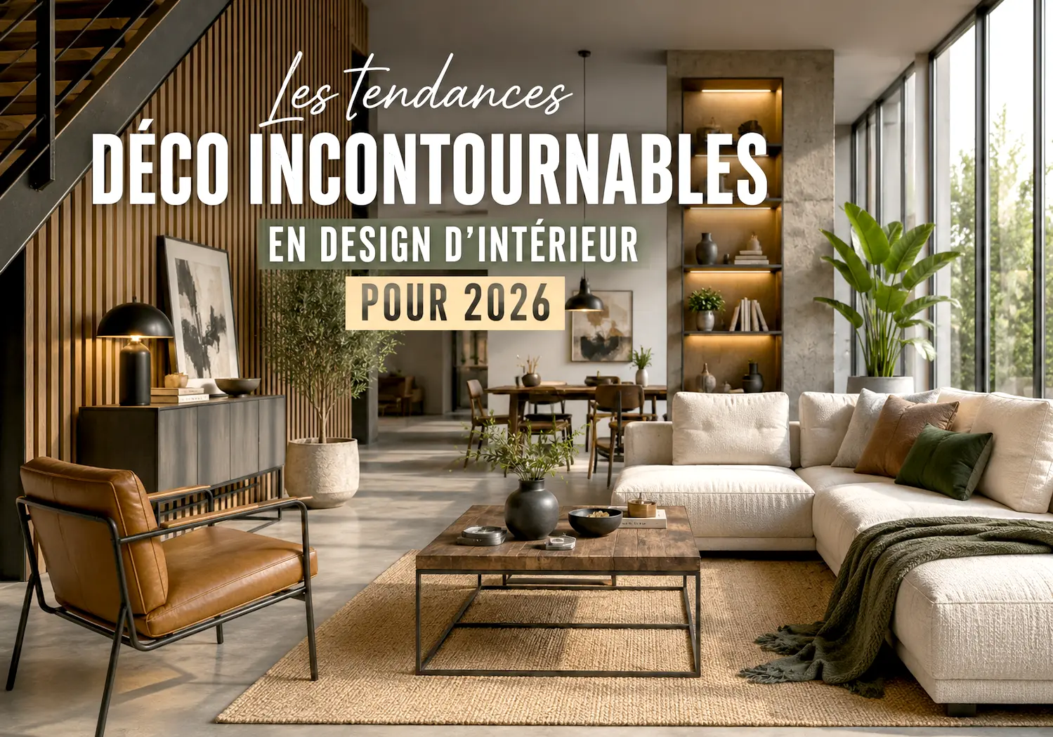 Salon contemporain illustrant les tendances incontournables du design d'intérieur en 2026 avec des matériaux naturels, un mobilier moderne et une décoration élégante.