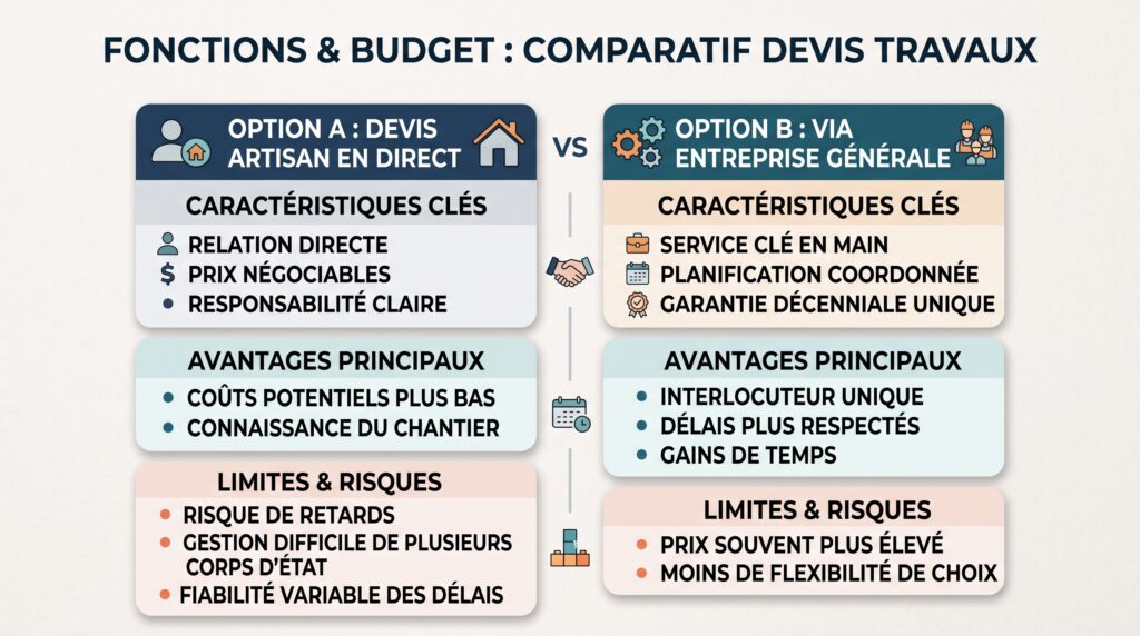 Schéma comparatif réaliste avec texte sur devis travaux rénovation maison