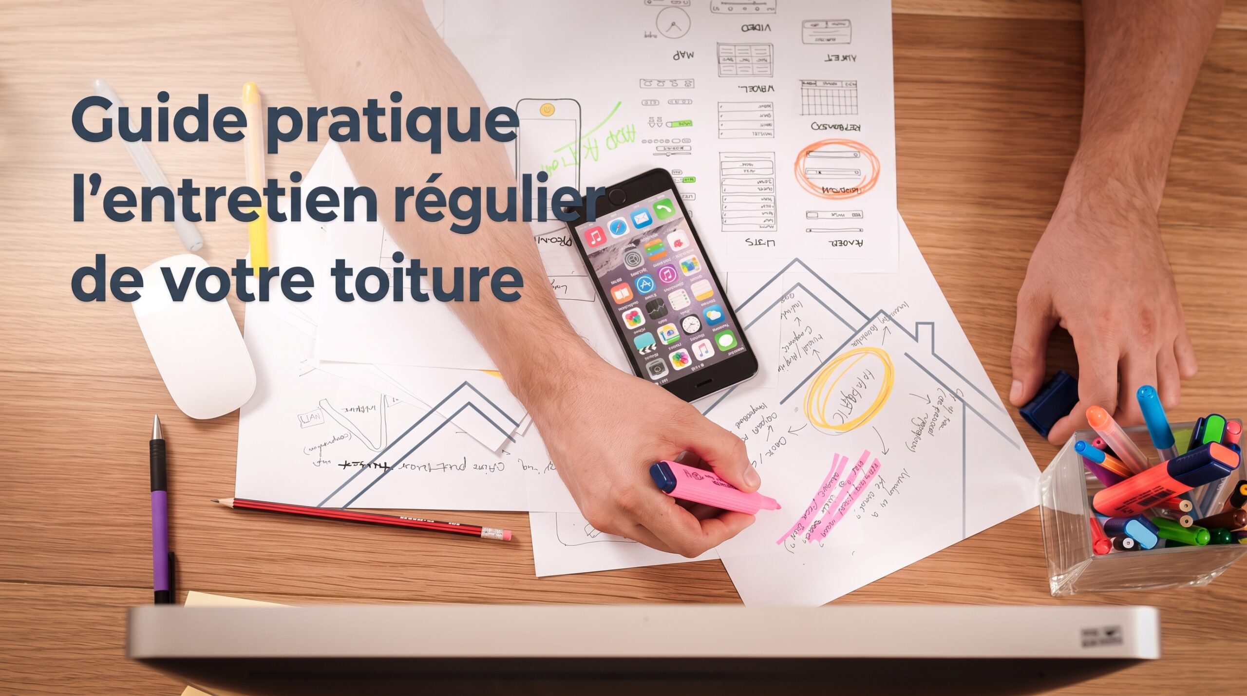 Image de couverture stylisée avec titre pour l’article Guide pratique pour l’entretien régulier de votre toiture