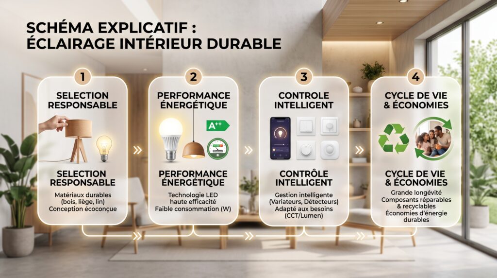 Schéma explicatif réaliste avec texte sur luminaires écologiques intérieur