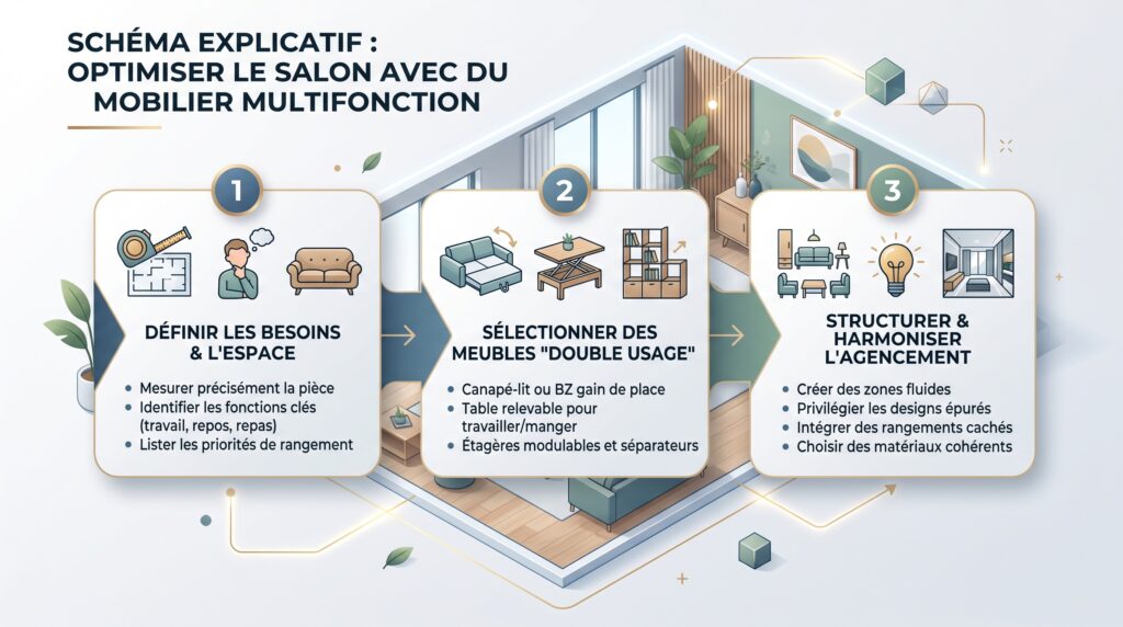 Comment choisir du mobilier multifonction pour un salon optimisé ? 6 Schéma explicatif réaliste avec texte sur mobilier multifonction salon