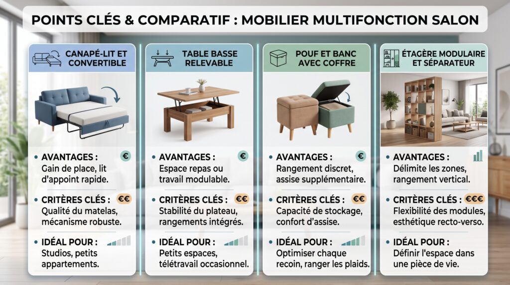 Comment choisir du mobilier multifonction pour un salon optimisé ? 7 Schéma comparatif réaliste avec texte sur mobilier multifonction salon