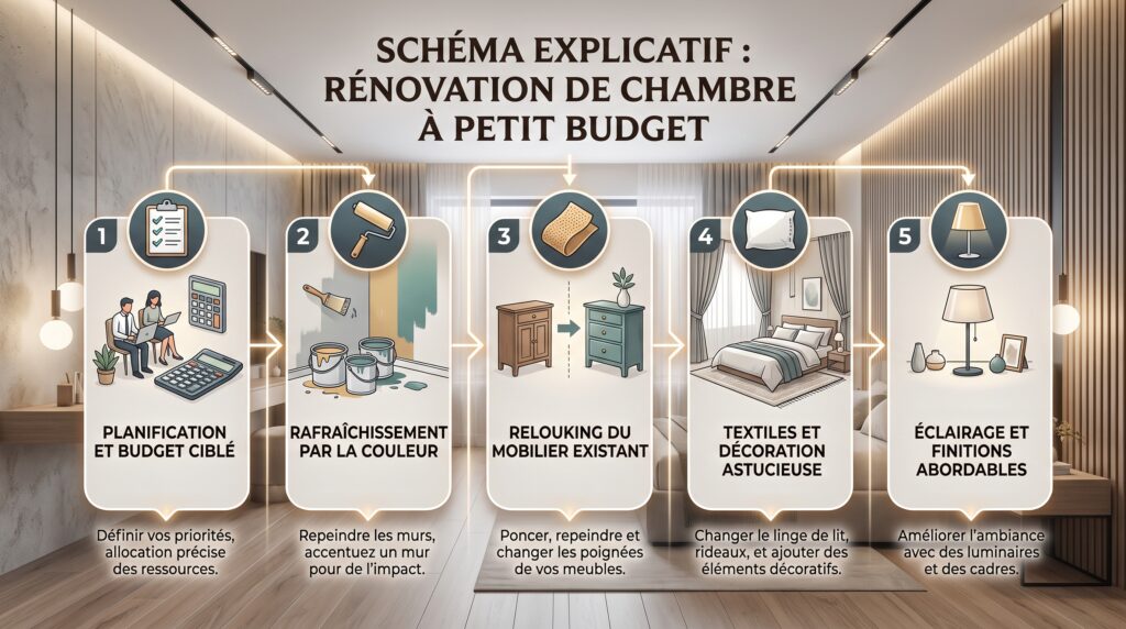 Schéma explicatif réaliste avec texte sur rénovation chambre budget limité