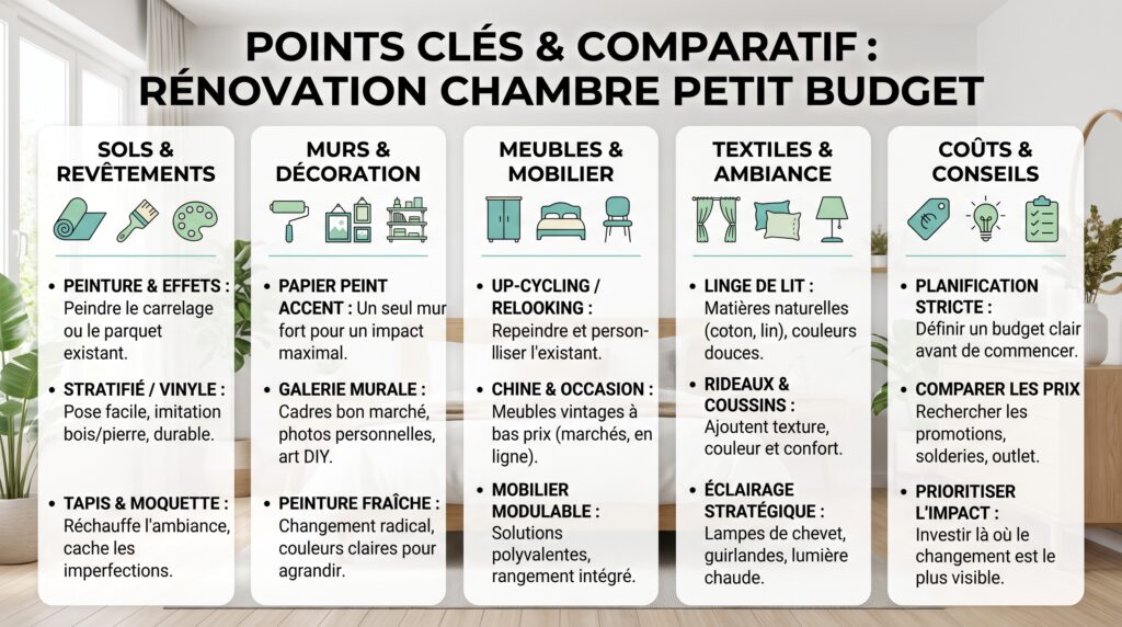 Schéma comparatif réaliste avec texte sur rénovation chambre budget limité