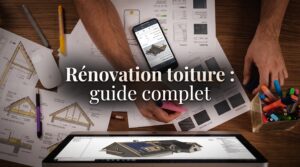 Image de couverture stylisée avec titre pour l’article Rénovation toiture : guide complet