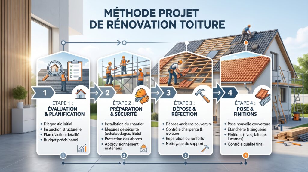 Schéma explicatif réaliste avec texte sur rénovation toiture