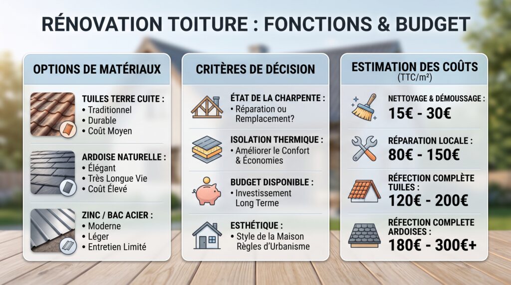 Schéma comparatif réaliste avec texte sur rénovation toiture