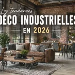 Salon de style industriel avec briques, verrières, mobilier en bois et métal, illustrant les tendances déco industrielles en 2026.