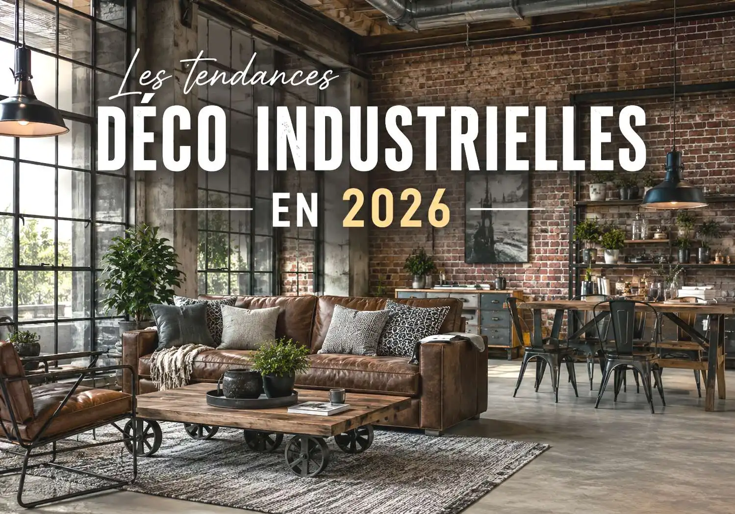 Salon de style industriel avec briques, verrières, mobilier en bois et métal, illustrant les tendances déco industrielles en 2026.