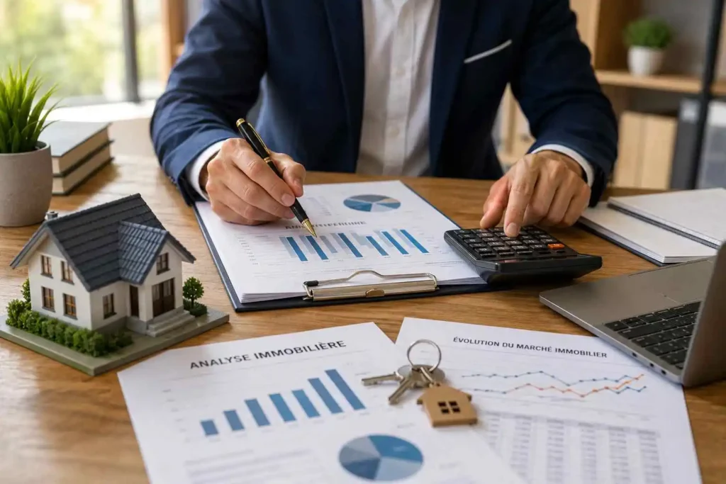 Investisseur analysant des données immobilières avec calculatrice, maquette de maison, graphiques financiers et documents d'analyse sur un bureau