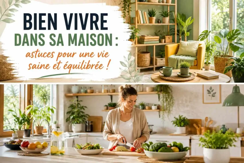 Salon lumineux avec plantes vertes, mobilier en bois naturel et décoration apaisante illustrant une maison saine et un mode de vie équilibré