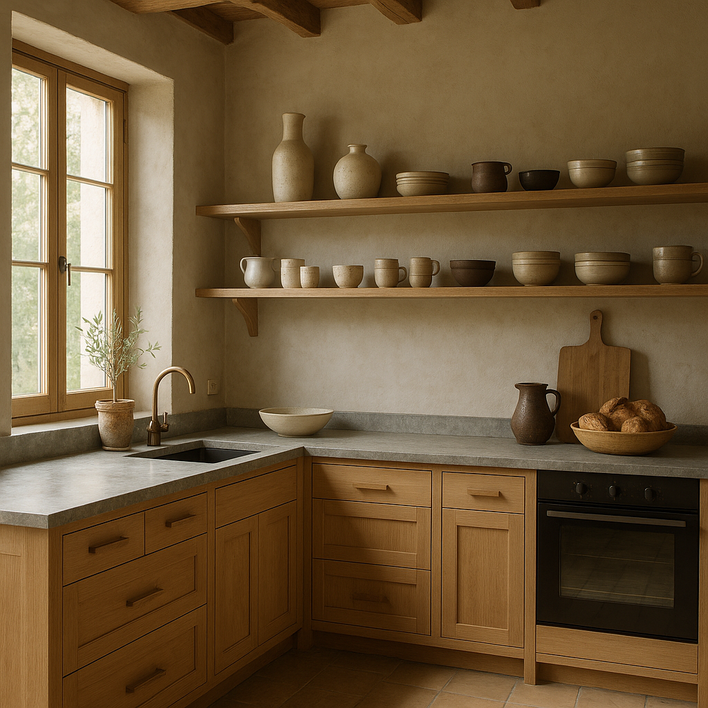 Cuisine rustique moderne avec bois clair et pierre