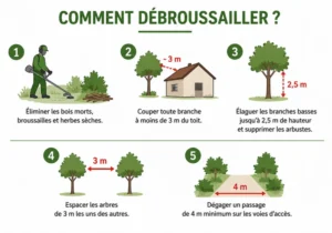 Maison au premier plan avec zone végétalisée et arbres, montrant la zone à entretenir près des murs.