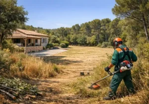 Artisan débroussaille au coupe-bordures le long d’une allée, végétation coupée au sol.