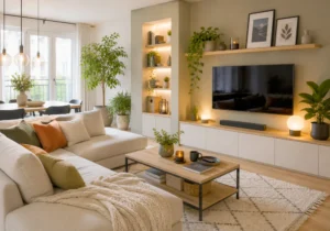 Salon lumineux mêlant matériaux naturels, plantes et objets connectés élégants sur fond moderne.
