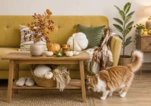 Salon lumineux avec déco automnale soignée, couleurs chaudes et textures pour une ambiance d’automne
