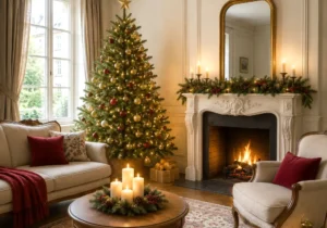 Intérieur chaleureux décoré pour Noël, sapin illuminé et guirlandes sur les meubles et fenêtres