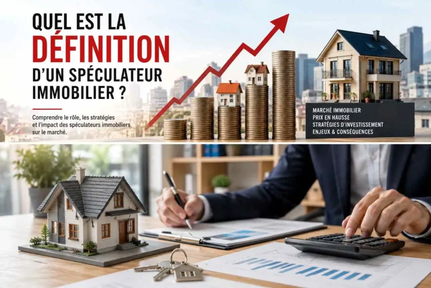 Illustration d’un spéculateur immobilier avec hausse des prix, maisons, pièces de monnaie et marché immobilier en forte progression Image dans l'article