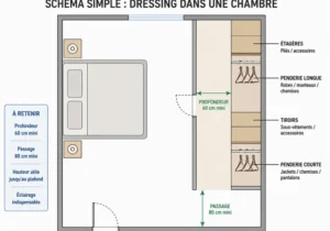 Comment créer un dressing dans sa chambre ? 2 Dressing aménagé avec portes et rangements organisés, dans une chambre lumineuse et moderne