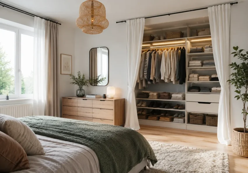 Chambre lumineuse avec un dressing intégré en bois et portes coulissantes visibles