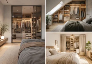 Comment créer un dressing dans sa chambre ? 3 Chambre avec dressing intégré et penderies, montrant l’espace et le mobilier de rangement