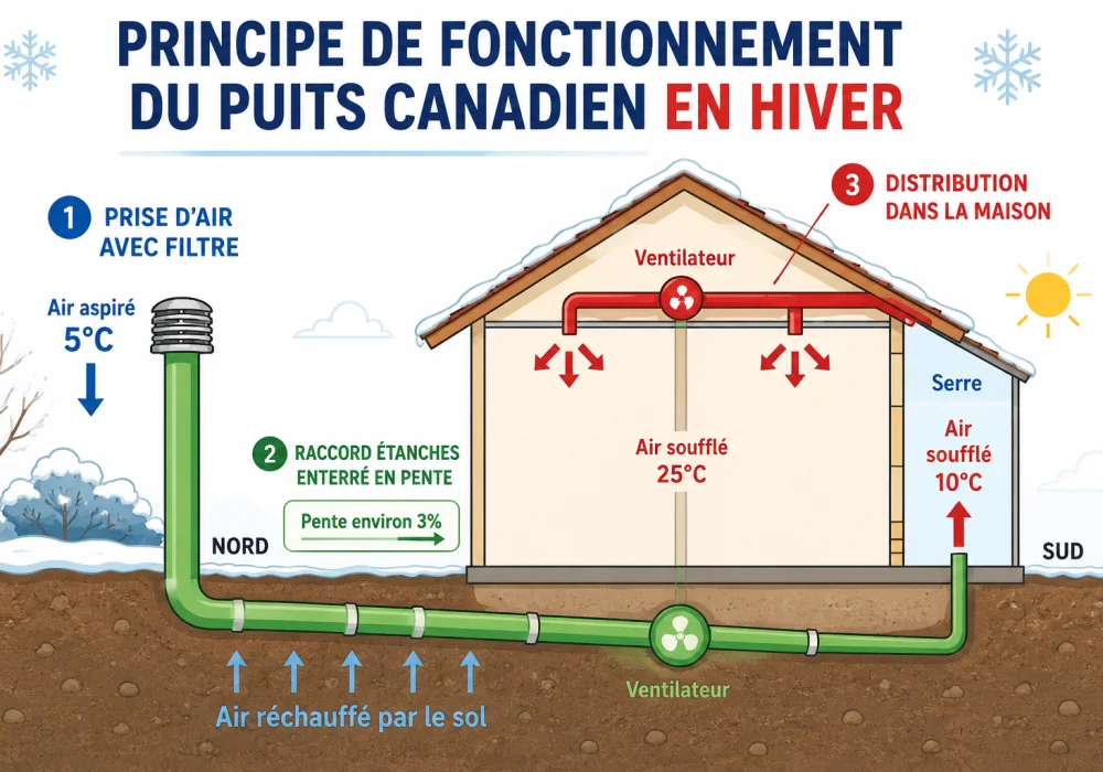Chauffage et tuyaux visibles près d’un puits canadien mal installé, gênant le flux d’air.