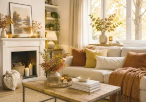 Salon chaleureux d’automne avec textiles, couleurs chaudes et lumière douce sur fond déco.