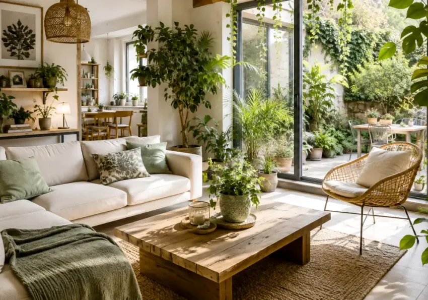 Comment créer un extérieur dans son intérieur ? 7 Salon intérieur ouvert, ambiance chaleureuse avec éléments d’extérieur visibles et éclairage décoratif.