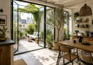Salon lumineux avec éléments de terrasse intégrés, rappel d’un extérieur dans un intérieur chaleureux.