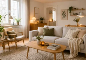 Style scandinave : comment créer un intérieur chaleureux et moderne ? 3 Salon scandinave moderne avec textiles doux, bois clair, lignes épurées et coussins duveteux.