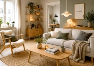 Style scandinave : comment créer un intérieur chaleureux et moderne ? 2 Salon au style scandinave avec textiles clairs, bois naturel et lignes modernes épurées