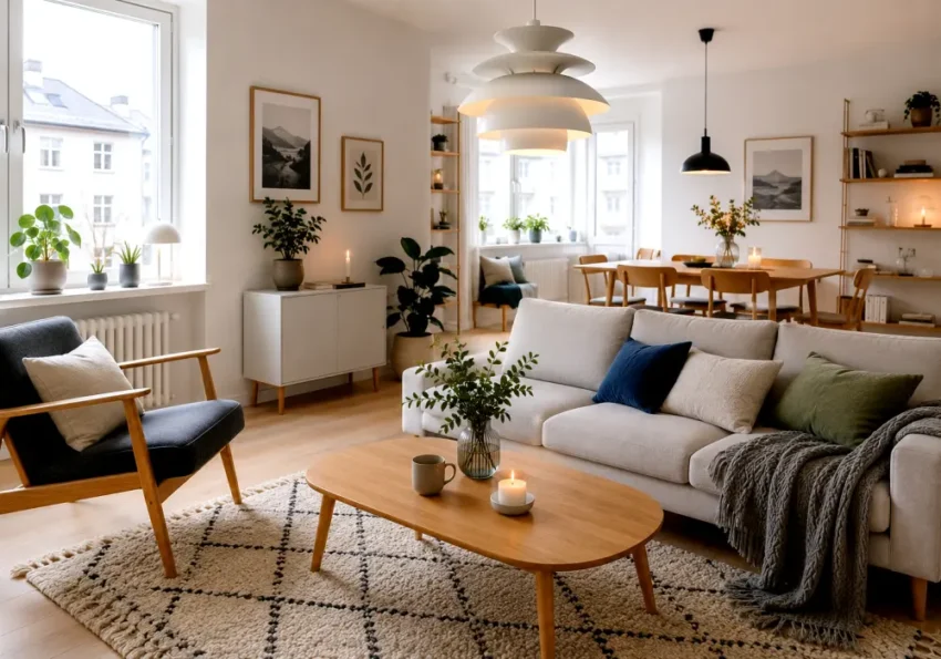 Style scandinave : comment créer un intérieur chaleureux et moderne ? 4 Salon scandinave lumineux avec canapé clair, coussins texturés et touches bois moderne
