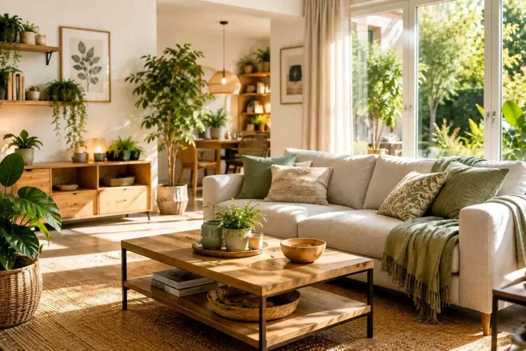Intérieur chaleureux avec canapé confortable, lumière naturelle, plantes d'intérieur et décoration naturelle favorisant le bien-être au quotidien