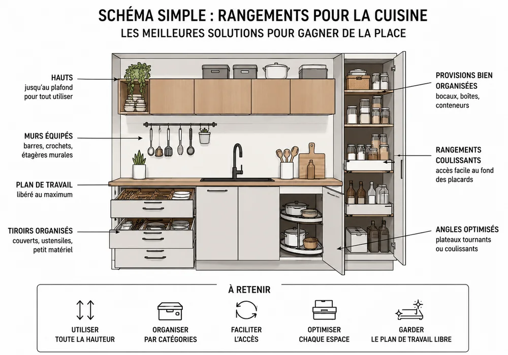 Petits meubles de cuisine modulaires et tiroirs pour ranger casseroles et ustensiles près du plan de travail.