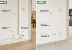 Porte de garage et câbles protégés, petites ouvertures et façade détaillée près du sol.
