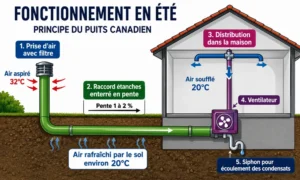 Entrée de ventilation montrant un puits canadien et un système double flux dans une maison. fonctionnement en été