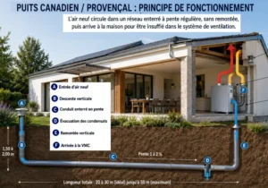 Vue de l’entrée d’un puits canadien avec tuyaux enterrés, illustrant le rafraîchissement naturel