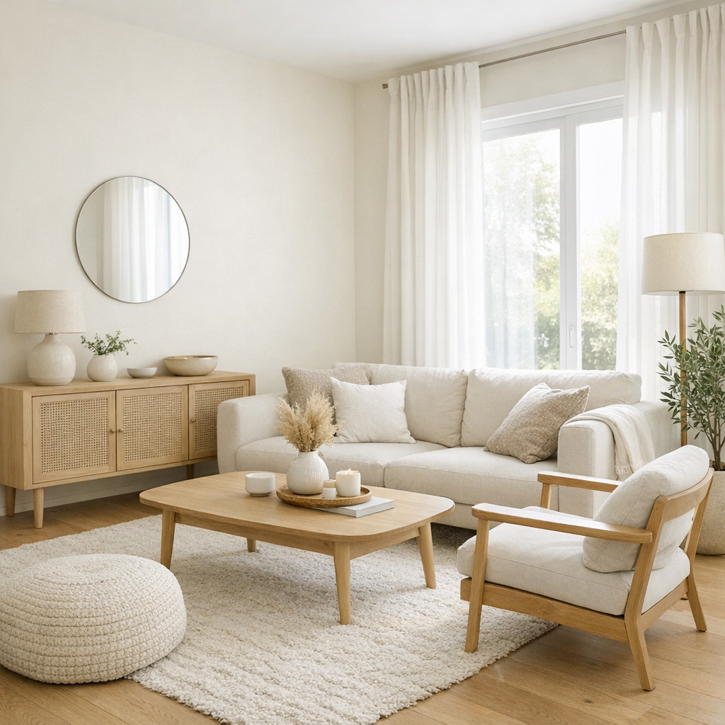 Salon clair avec murs blanc cassé et lumière naturelle