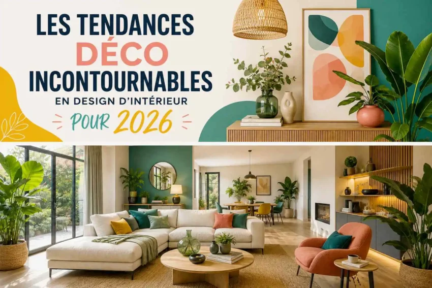 Cover colorée présentant les principales tendances du design d’intérieur 2026 avec décoration moderne, plantes, matières naturelles et mobilier contemporain