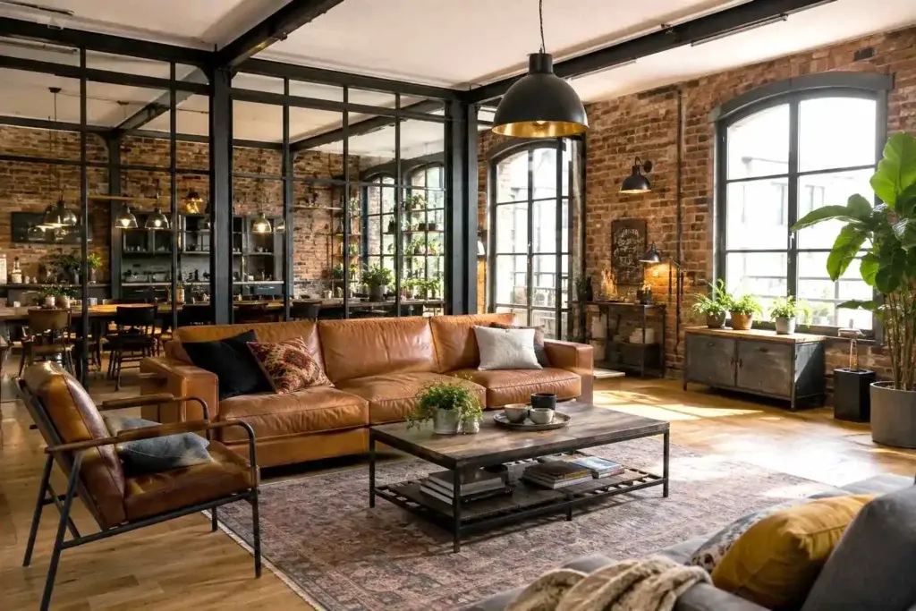 Salon de style industriel avec murs en briques, verrière atelier, mobilier en bois et métal, canapé en cuir et grandes fenêtres Cover